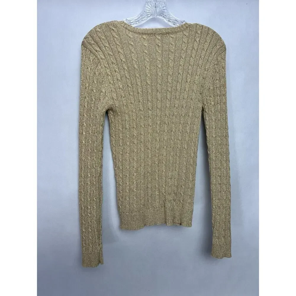 Lauren Ralph Lauren Metallic Gold Foil Cable Knit Pullover Sweater V Neck Medium - Picture 3 of 6